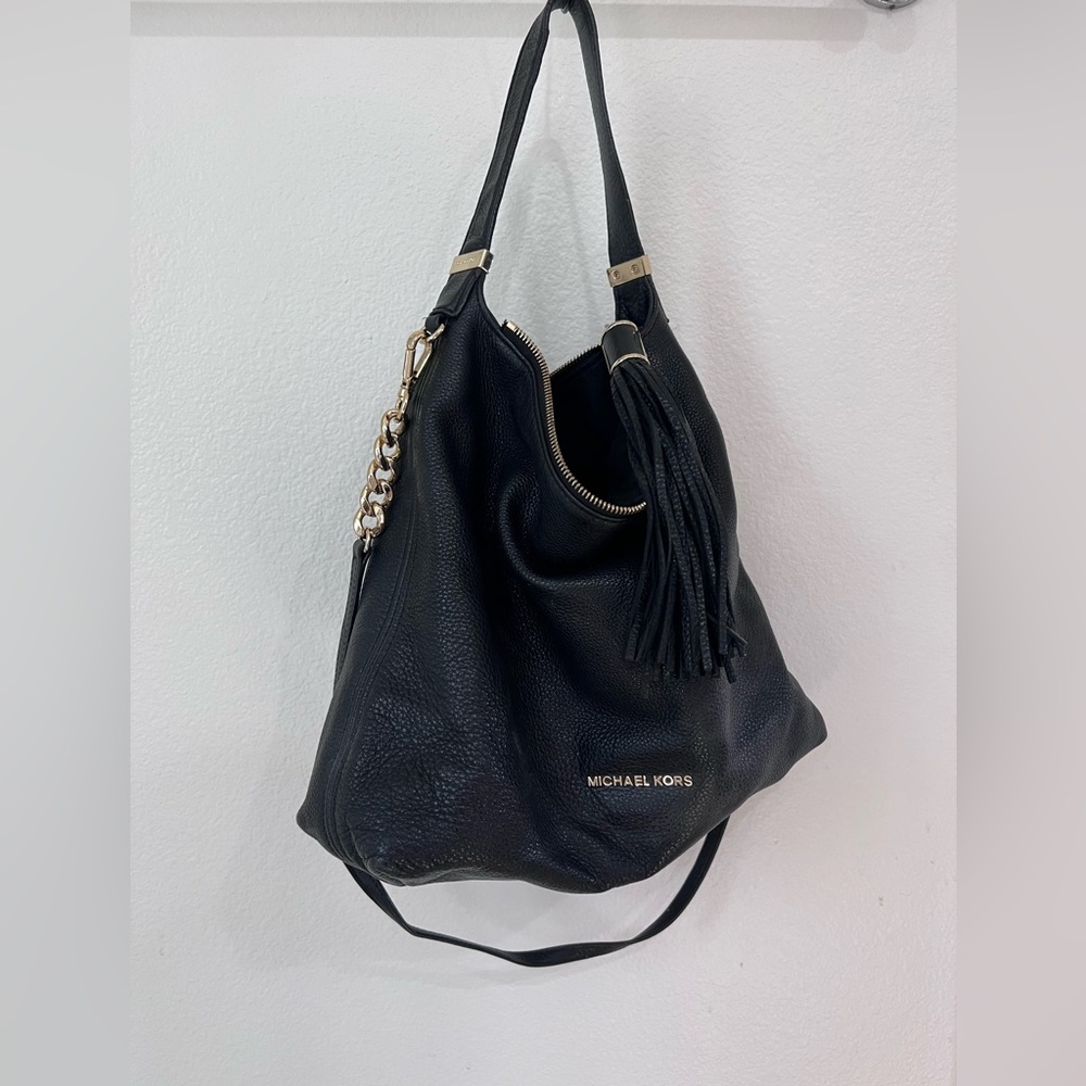 Michael Kors Black Leather Hobo Bag, Gold Chain Detail - Picture 2 of 8